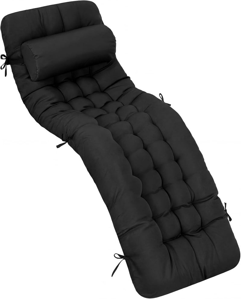 Tudomro 1 Pcs Black 66'' Outdoor Chaise Lounge Cushion Waterproof Patio Lawn Pool Chaise Lounge Cushion with Headrest Pillow & Ties Weather Fade Resistant Replacement Longue Chair Pad - Image 1