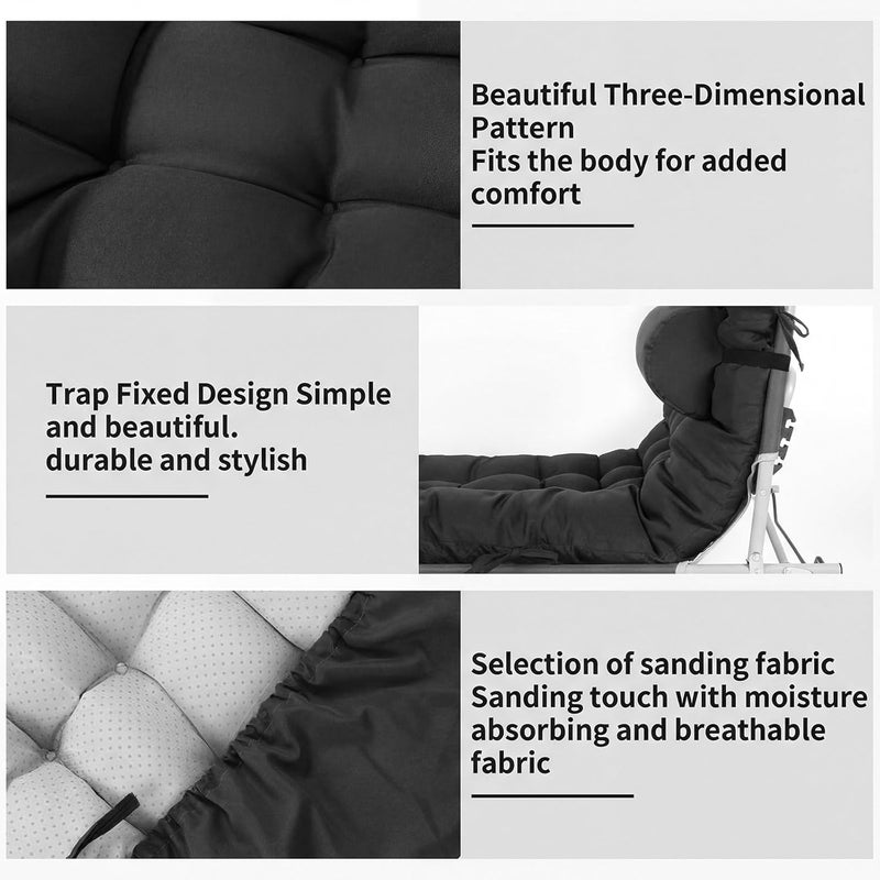 Tudomro 1 Pcs Black 66'' Outdoor Chaise Lounge Cushion Waterproof Patio Lawn Pool Chaise Lounge Cushion with Headrest Pillow & Ties Weather Fade Resistant Replacement Longue Chair Pad - Image 4