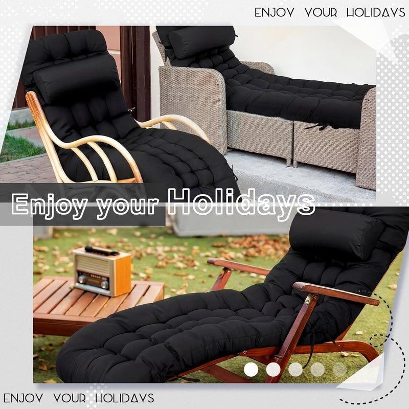 Tudomro 1 Pcs Black 66'' Outdoor Chaise Lounge Cushion Waterproof Patio Lawn Pool Chaise Lounge Cushion with Headrest Pillow & Ties Weather Fade Resistant Replacement Longue Chair Pad - Image 5