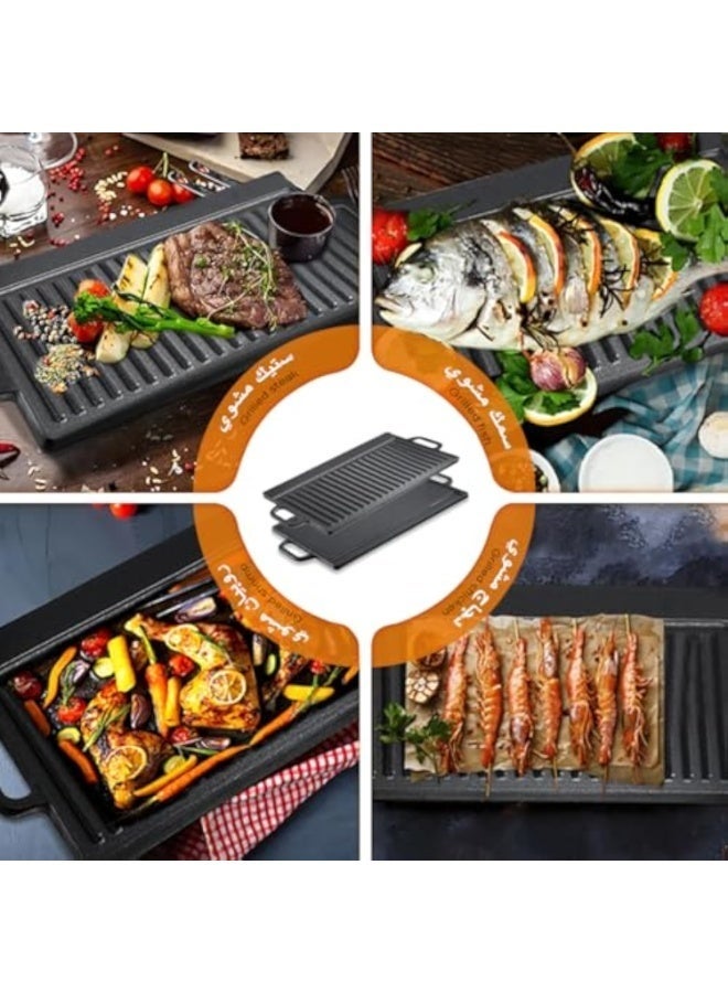 Rectangular Cast Iron Griddle, Reversible Grill Pan Plate Double Sided Baking Tray Induction Grill Stove Top Campfire Portable Black Rock BBQ Grill for Oven Gas Hob Indoor Outdoor Picnic - Image 4