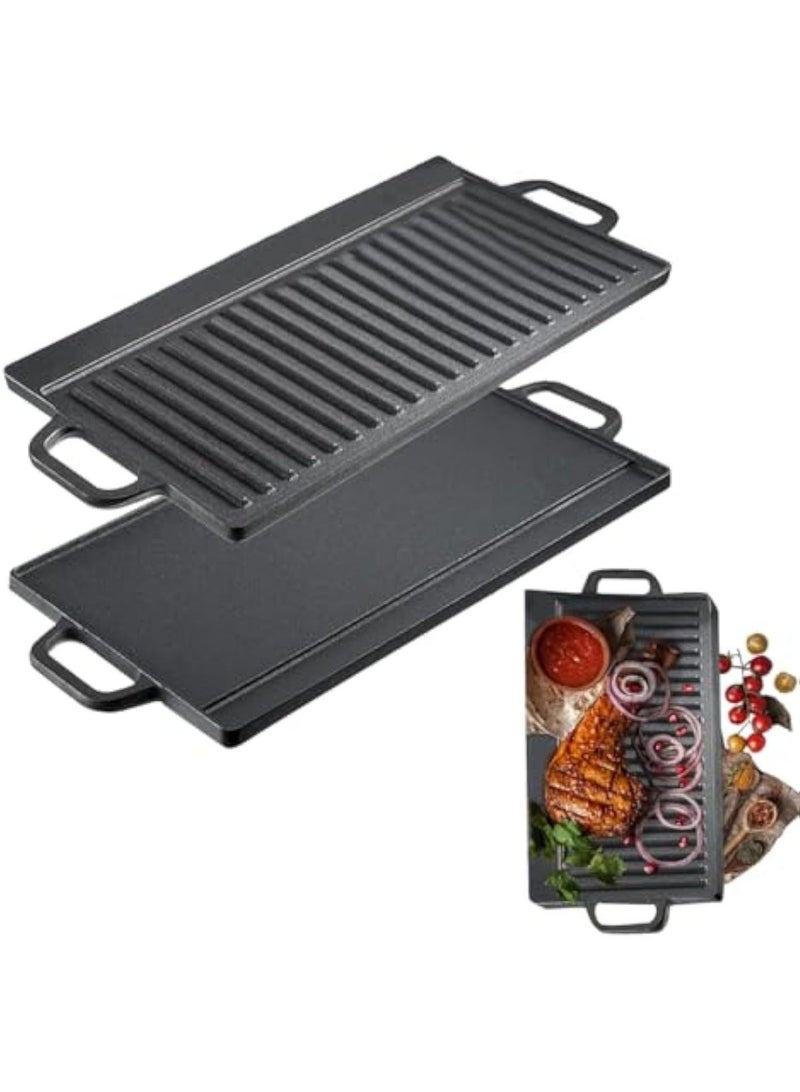 Rectangular Cast Iron Griddle, Reversible Grill Pan Plate Double Sided Baking Tray Induction Grill Stove Top Campfire Portable Black Rock BBQ Grill for Oven Gas Hob Indoor Outdoor Picnic - Image 1