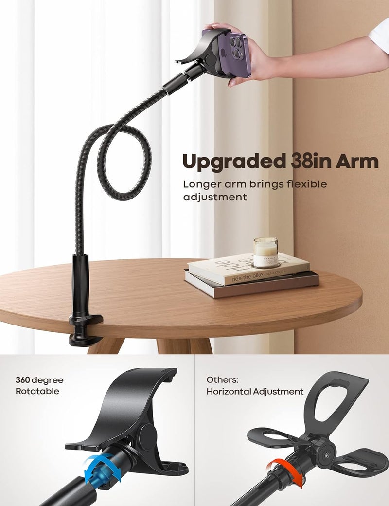 Lamicall Gooseneck Phone Holder Bed - [Newest Nylon Braided] Flexible Arm, Overall Length 38inch, 360 Adjustable Clamp Clip, Overhead Cell Phone Mount Stand - Image 2