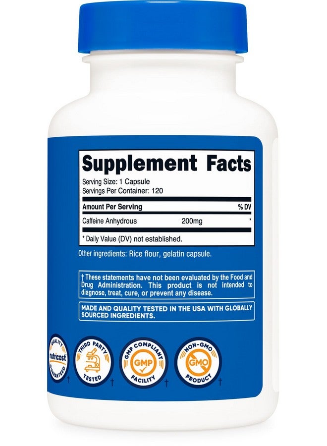 أقراص الكافيين Nutricost 200mg، 120 كبسولة - خالية من الجلوتين، وغير معدلة وراثيًا - Image 5