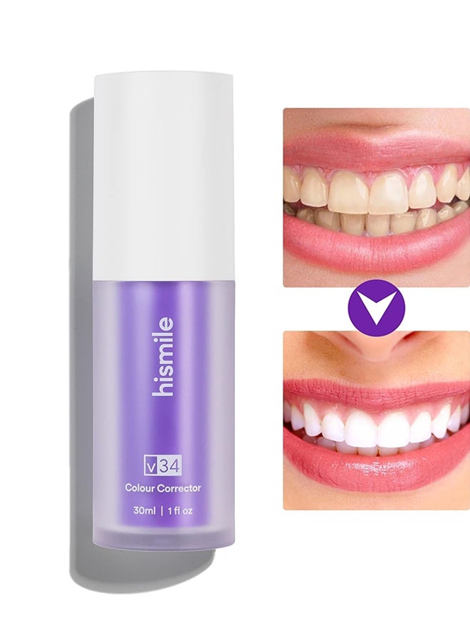 HiSmile V34 Teeth Color Corrector Serum 30ml – Purple Teeth Brightening Toothpaste, Stain Remover for Yellow Teeth, Coffee & Tea Stains, Instant Whitening Care - Image 1