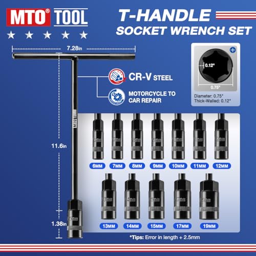 MTO T-Handle Metric Socket Wrench Set, 6-Point (6mm-15mm, 17mm, 19mm) with Hanging Organizer Strap, Cr-V Steel Lug Wrench Hex Socket for Motorcycle Car Bicycle Repair (12 Pack) - Image 2