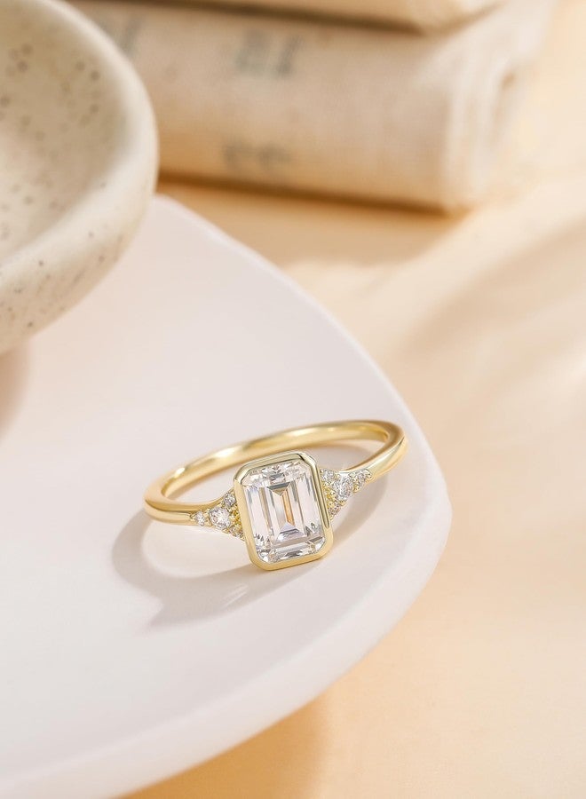EAMTI 2CT Engagement Rings for Women Emerald Cut Cubic Zirconia Wedding Bands Travel Bezel Ring 14K Gold Plated Size 6 - Image 2