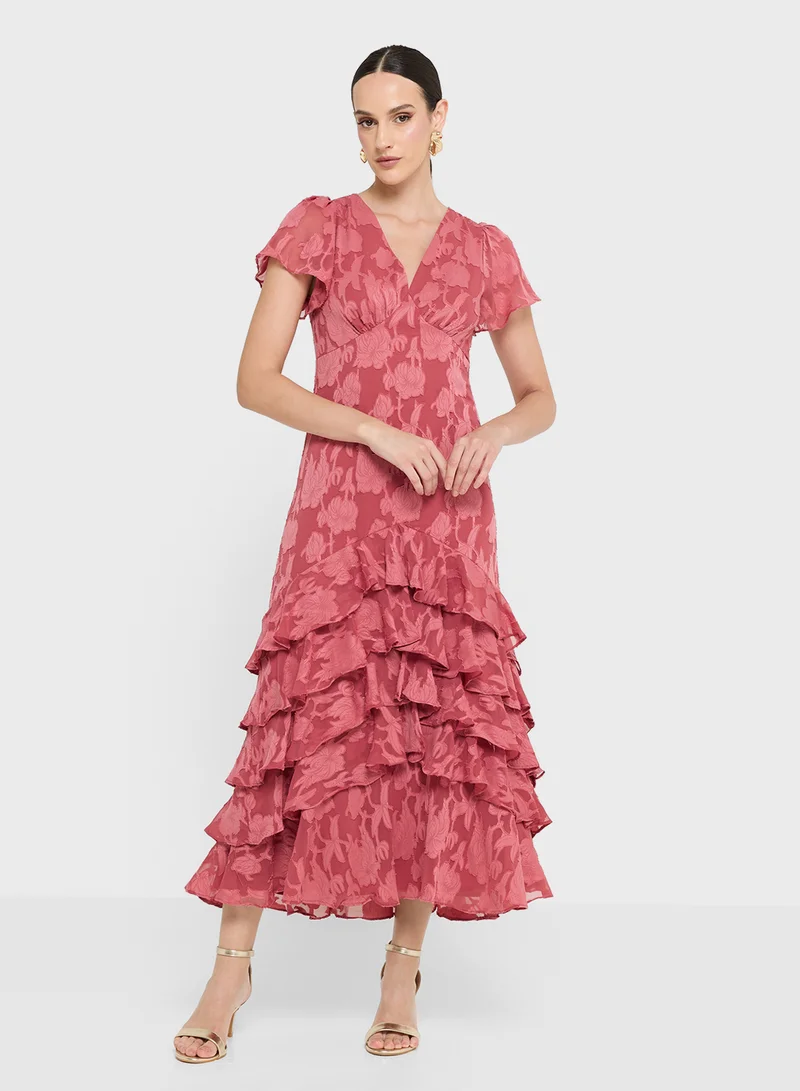 Anaya With Love Ruffle Hem V Neck Burnout Midi Dress