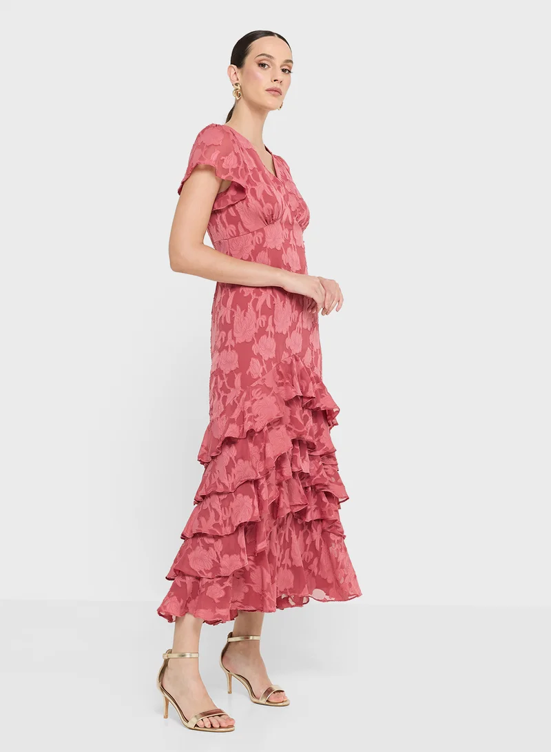 Anaya With Love Ruffle Hem V Neck Burnout Midi Dress