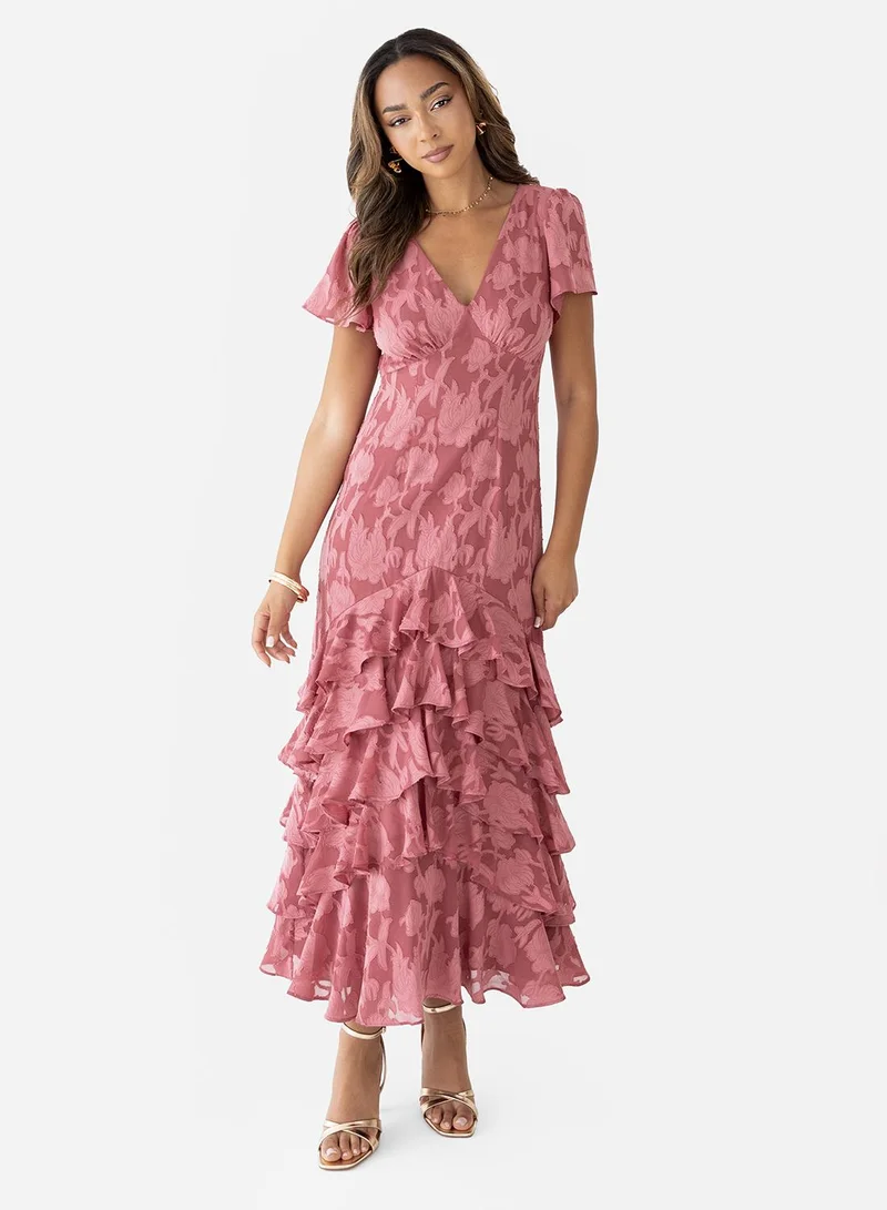 Anaya With Love Ruffle Hem V Neck Burnout Midi Dress