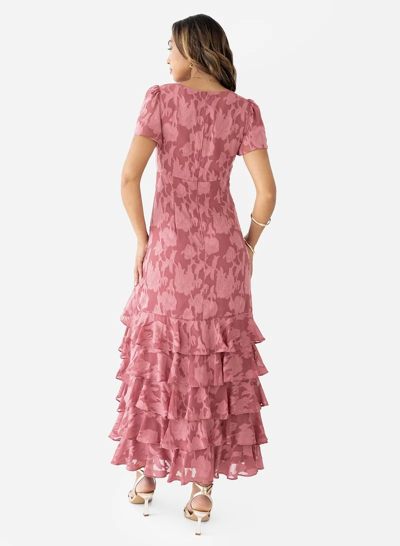 Anaya With Love Ruffle Hem V Neck Burnout Midi Dress