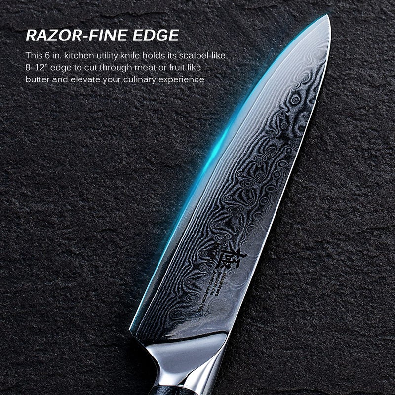 KYOKU Chef Utility Knife - 6" - Shogun Series - Japanese VG10 Steel Core Forged Damascus Blade - with Sheath & Case - Image 4