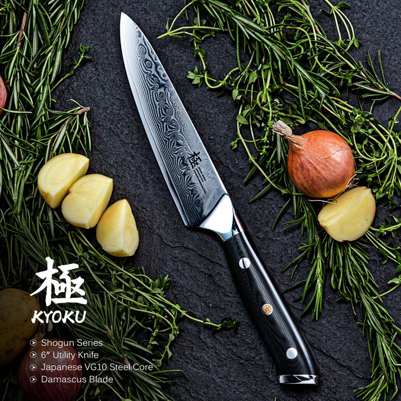 KYOKU Chef Utility Knife - 6" - Shogun Series - Japanese VG10 Steel Core Forged Damascus Blade - with Sheath & Case - Image 2