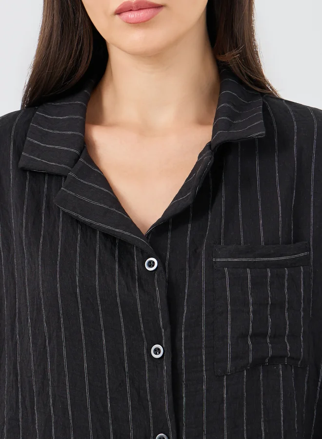 Styli Styli Textured Striped Buttoned Shirt and Pyjama Set