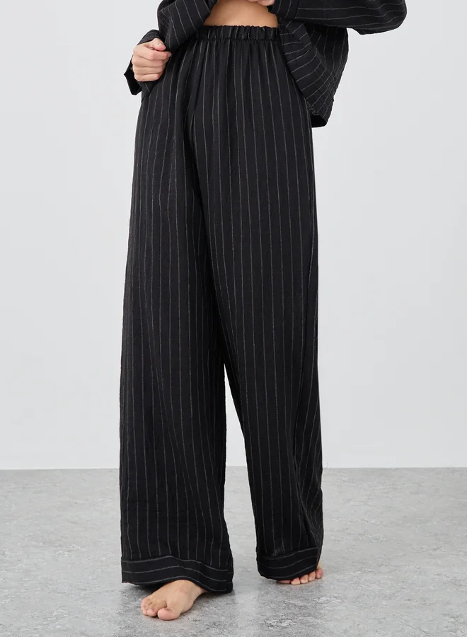 Styli Styli Textured Striped Buttoned Shirt and Pyjama Set