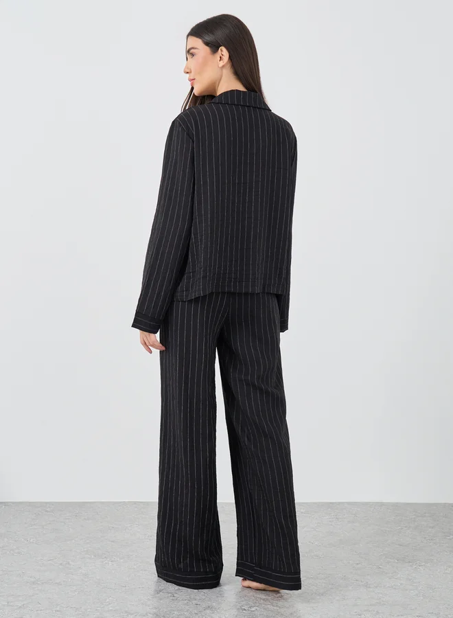 Styli Styli Textured Striped Buttoned Shirt and Pyjama Set