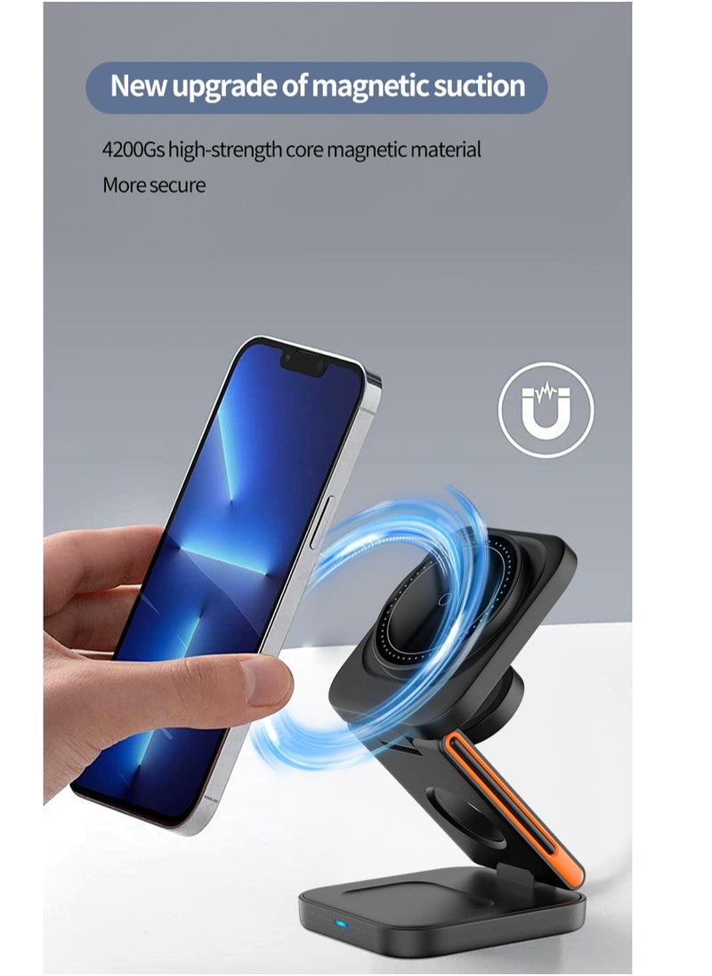 Generic 3 In 1 Magnetic Wireless Charger Station, Fast Wireless Charger Stand for Fast Charge, Foldable Suitable For Travel Phone Apple iPhone 15 14 13 12 11 X Pro Max iWatch 8 7 6 5 4 Samsug Galaxy S(Black)  - Image 2
