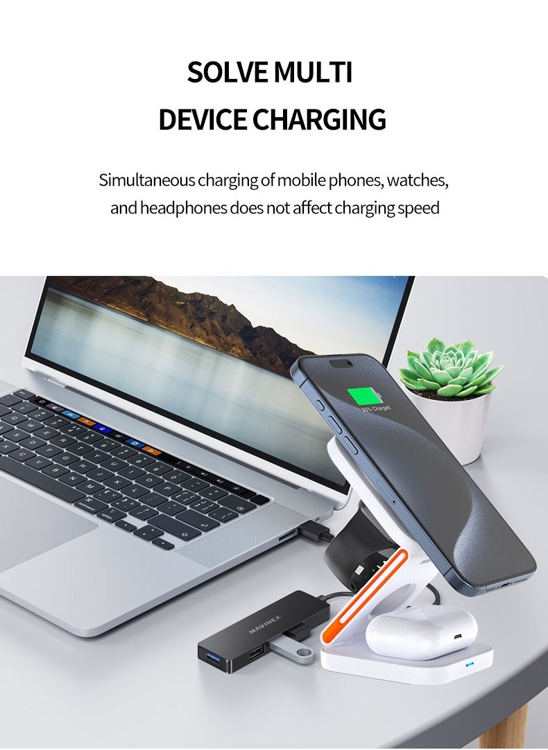 Generic - 3 In 1 Magnetic Wireless Charger Station, Fast Wireless Charger Stand for Fast Charge, Foldable Suitable For Travel Phone Apple iPhone 15 14 13 12 11 X Pro Max iWatch 8 7 6 5 4 Samsug Galaxy S(Black) - Image 1