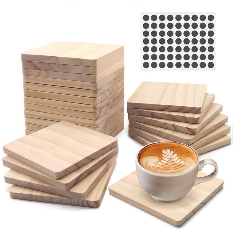 SIJDIEE 24 PCS Unfinished Square Wood Coasters SIJDIEE 4 Inch Blank Wooden Coasters for Craft with NonSlip Foam Pad Stickers for DIY Stained Painting Wood Laser Engraving Home Decoration Supplies