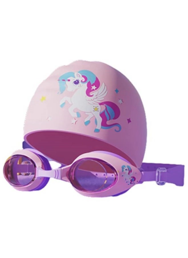 GGEROU Kids Swimming Cap with Swim Goggles, Silicone Cartoon Girls Swim Cap Boys Bathing Caps for Kids, Pink  - Image 1