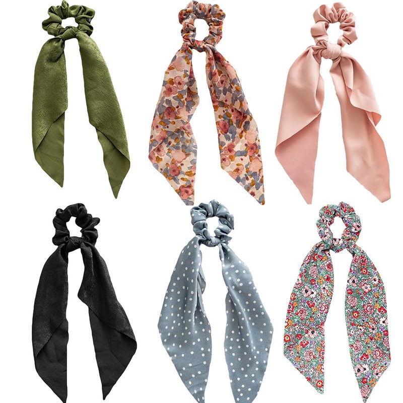 مجموعة إكسسوارات الشعر الزهرية من الساتان - رباطات شعر شيفون، أشرطة، وأربطة ذيل حصان للنساء والفتيات 6 قطع