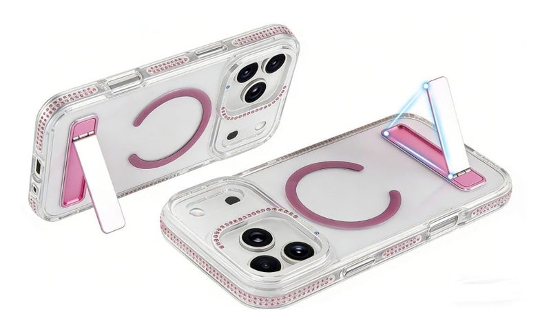 for iPhone 17 Pro Max Case Compatible with MagSafe,Magnetic Phone Case for iPhone 17 Pro Max Diamond Vertical Stand Anti-Scratch Shockproof Protective Cover Pink - Image 3