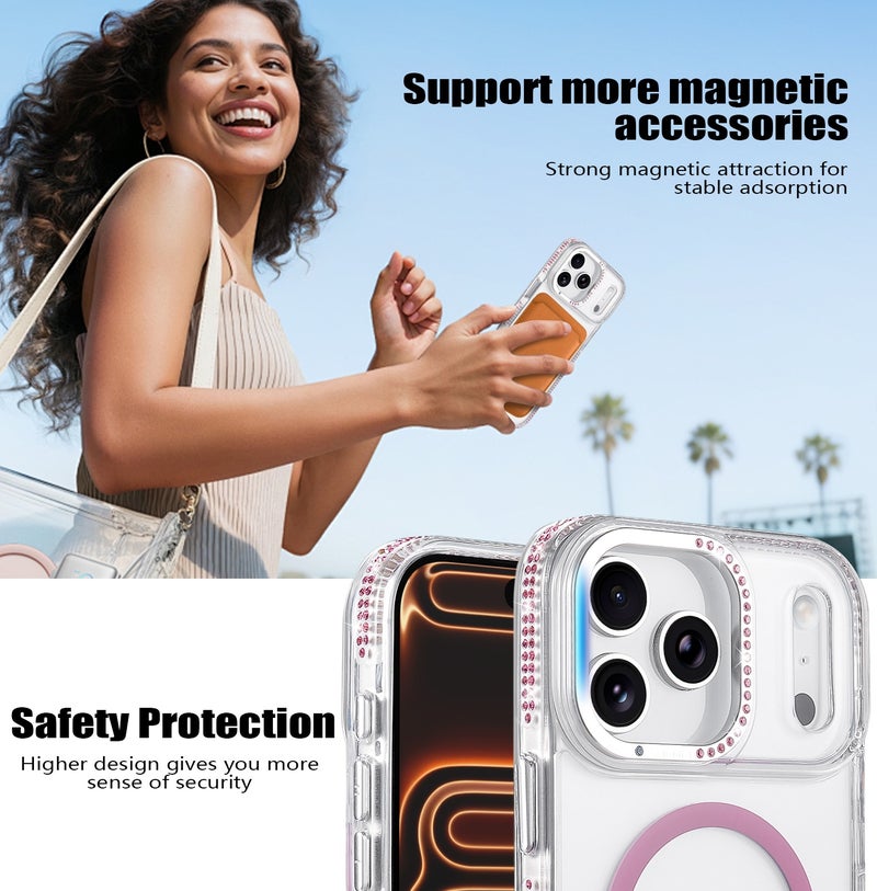 for iPhone 17 Pro Max Case Compatible with MagSafe,Magnetic Phone Case for iPhone 17 Pro Max Diamond Vertical Stand Anti-Scratch Shockproof Protective Cover Pink - Image 2