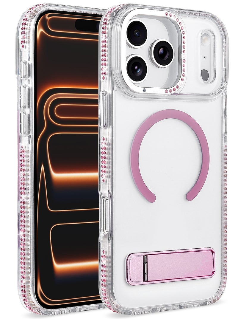 for iPhone 17 Pro Max Case Compatible with MagSafe,Magnetic Phone Case for iPhone 17 Pro Max Diamond Vertical Stand Anti-Scratch Shockproof Protective Cover Pink - Image 1
