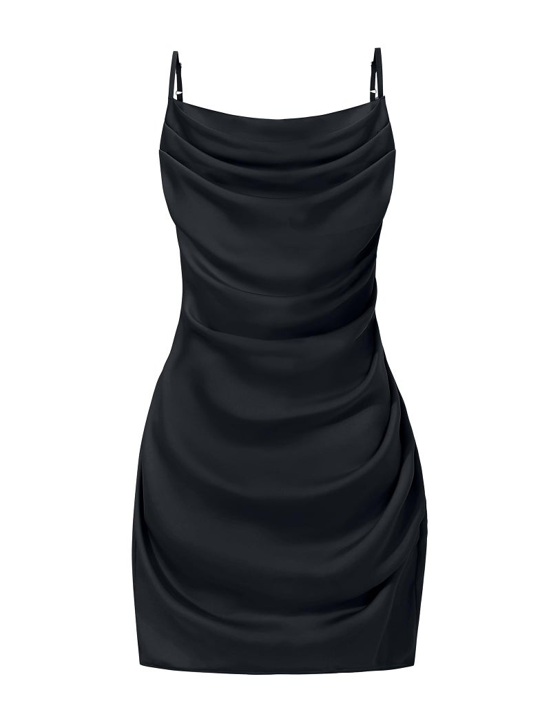 EXARUS Girls Bodycon Dress Pre Teen Ruched Formal Dance Evening Party Dresses Tween Mini Spaghetti Strap Satin Cowl Neck Short Tight Fitted Pencil Black 10Y - Image 1