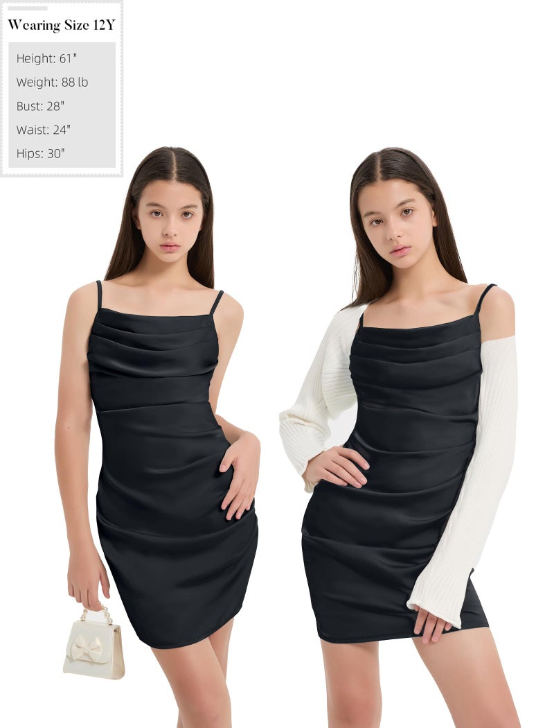 EXARUS Girls Bodycon Dress Pre Teen Ruched Formal Dance Evening Party Dresses Tween Mini Spaghetti Strap Satin Cowl Neck Short Tight Fitted Pencil Black 10Y - Image 5