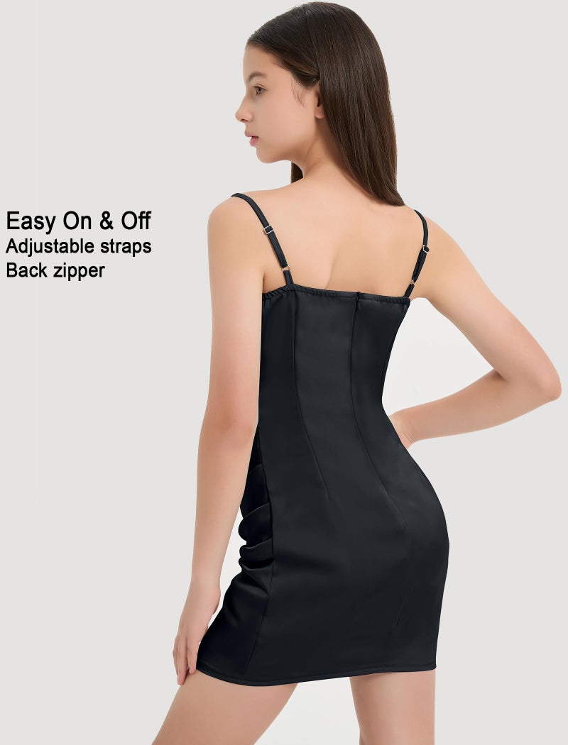 EXARUS Girls Bodycon Dress Pre Teen Ruched Formal Dance Evening Party Dresses Tween Mini Spaghetti Strap Satin Cowl Neck Short Tight Fitted Pencil Black 10Y - Image 4