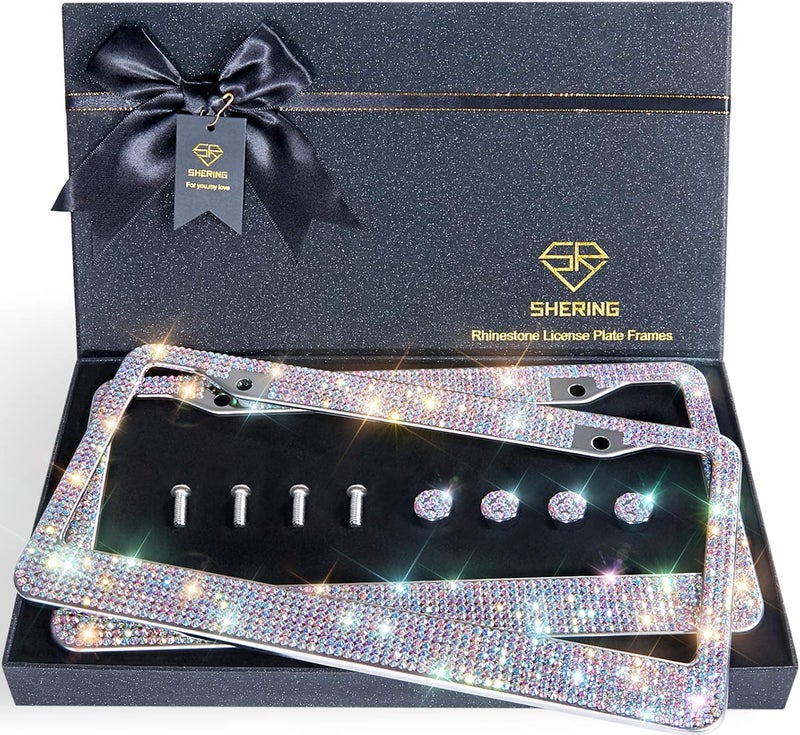 Shering Bling License Plate Frame, 2 Pack Frame with Premium Gift Box for Women,Rhinestone Frames 1200pcs Rhinestones（Colorful Rhinestones） - Image 1
