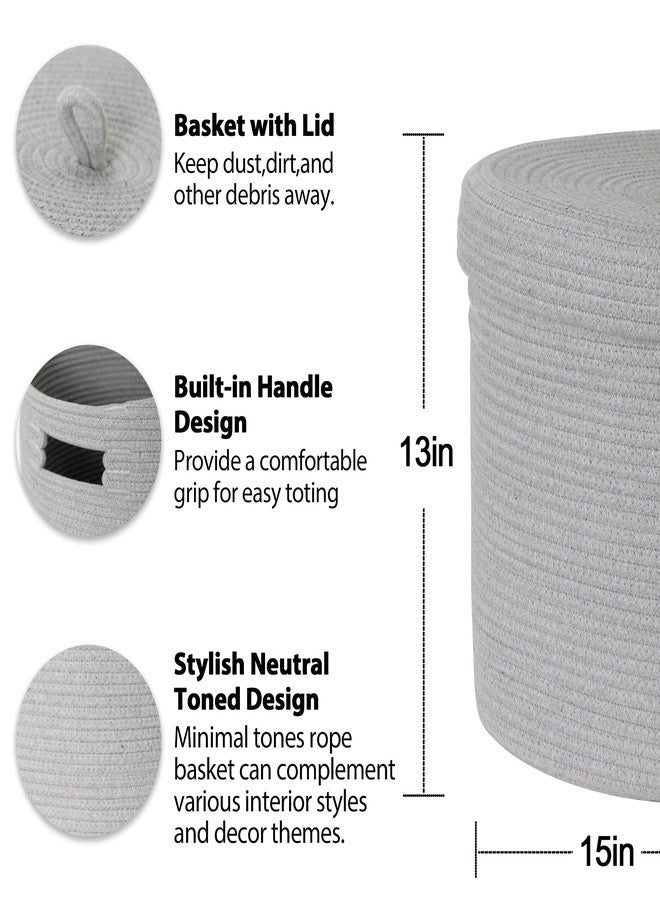HONCESTA Gray Basket with Lid, 15” x 13” Woven Storage Basket for Blankets, Toys, Pillows, Towels, Living Room Bedroom Storage Bin, Round Rope Basket with Lid, Wicker Baskets for Organizing - Image 2