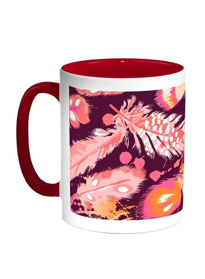 RYN Bird Feathers Printed Coffee Mug Red/White/Pink 11ounce