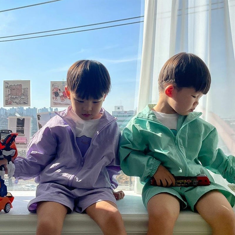 Childrens suit spring clothes boys zipper shirt girls Korean cartoon top shorts spring and summer childrens clothing wholesale Light green - Image 4