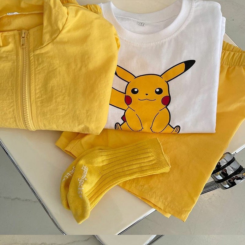 Childrens suit spring clothes boys zipper shirt girls Korean cartoon top shorts spring and summer childrens clothing wholesale Light green - Image 2