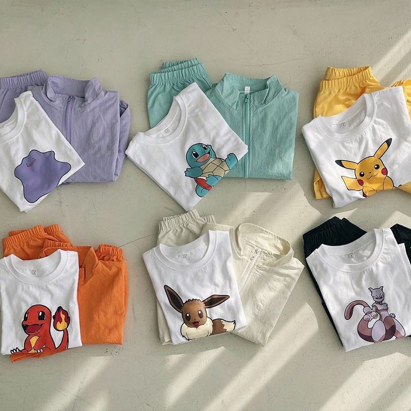 Childrens suit spring clothes boys zipper shirt girls Korean cartoon top shorts spring and summer childrens clothing wholesale Light green - Image 3