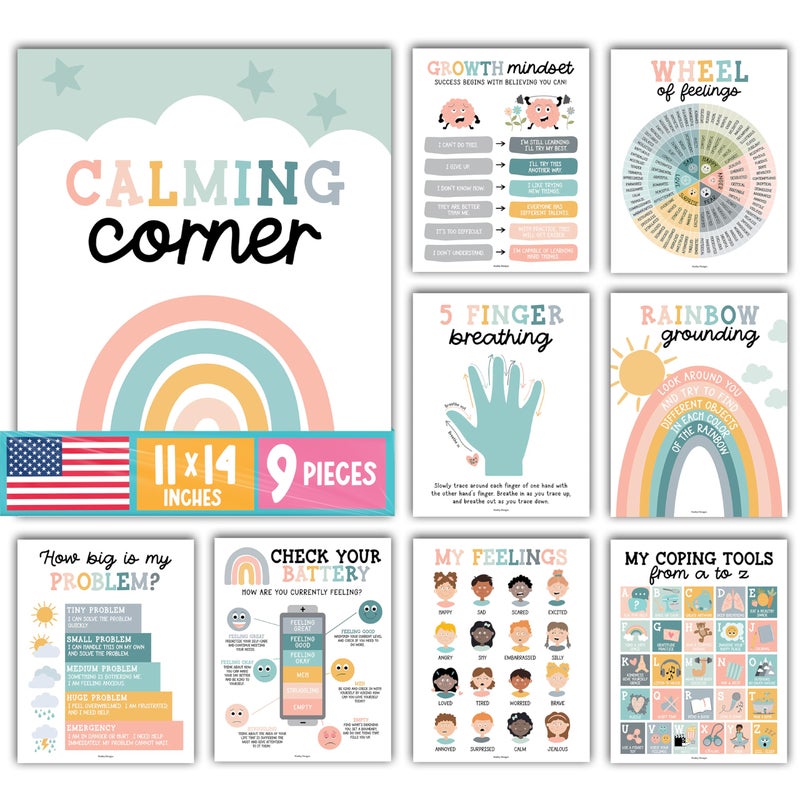 Hadley Designs 9 Calming Corner Posters for Classroom Must Haves Calm Down Corner Supplies with Emotions Chart School Counselor Mental Health Poster Feelings Chart For Kids Boho Classroom Decor - Image 2