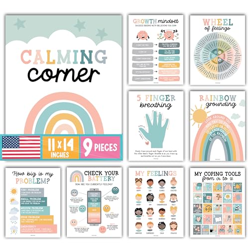 Hadley Designs 9 Calming Corner Posters for Classroom Must Haves Calm Down Corner Supplies with Emotions Chart School Counselor Mental Health Poster Feelings Chart For Kids Boho Classroom Decor - Image 1