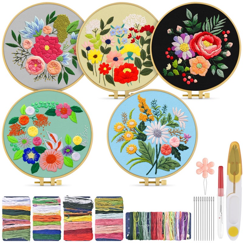 TINDTOP 5 Sets Embroidery Kit for Adults, Floral Embroidery Practice Kit for Beginners Include Embroidery Cloth Hoops Threads for Craft Lover Hand Stitch - Image 1
