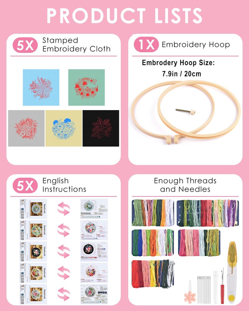 TINDTOP 5 Sets Embroidery Kit for Adults, Floral Embroidery Practice Kit for Beginners Include Embroidery Cloth Hoops Threads for Craft Lover Hand Stitch - Image 2