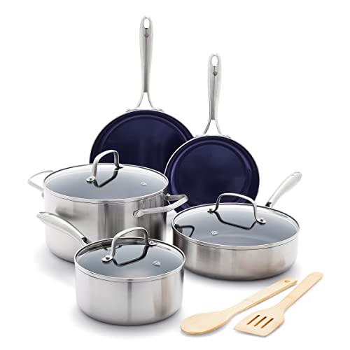 Blue Diamond HD Stainless Steel Clad Pro 10 Piece Cookware Pots and Pans Set, Diamond Infused Ceramic Nonstick, PFAS-Free, Dishwasher Safe, Oven and Broiler Safe, Silver - Image 1