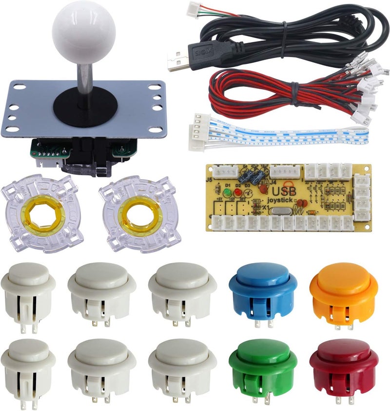 طقم أزرار وعصا تحكم ألعاب الأركيد DIY من SJJX لـ Raspberry Pi وWindows، عصا تحكم 5 دبابيس و10 أزرار ضغط مع محدد دائري مثمن 822a مزيج أبيض مقاوم للأشعة فوق البنفسجية - Image 1