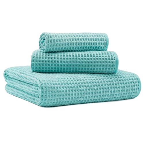 MICROFI Microfiber Waffle Bath Towels, 3 Pieces, Oversized, Soft, Absorbent, Fast Drying, Lint Free, Includes Bath, Face and Hand Towels 430 GSM - Image 1