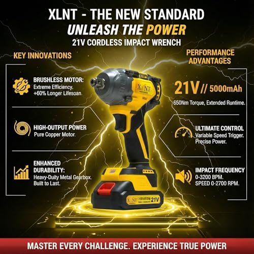 XLNT 21V Brushless Impact Wrench 650Nm High Torque | 1/2" Cordless, 2x10Ah Batteries | 0-2700 RPM, Cr-Mo Sockets, Bits, LED Light | Professional Automotive Heavy Duty Workshop - Image 2
