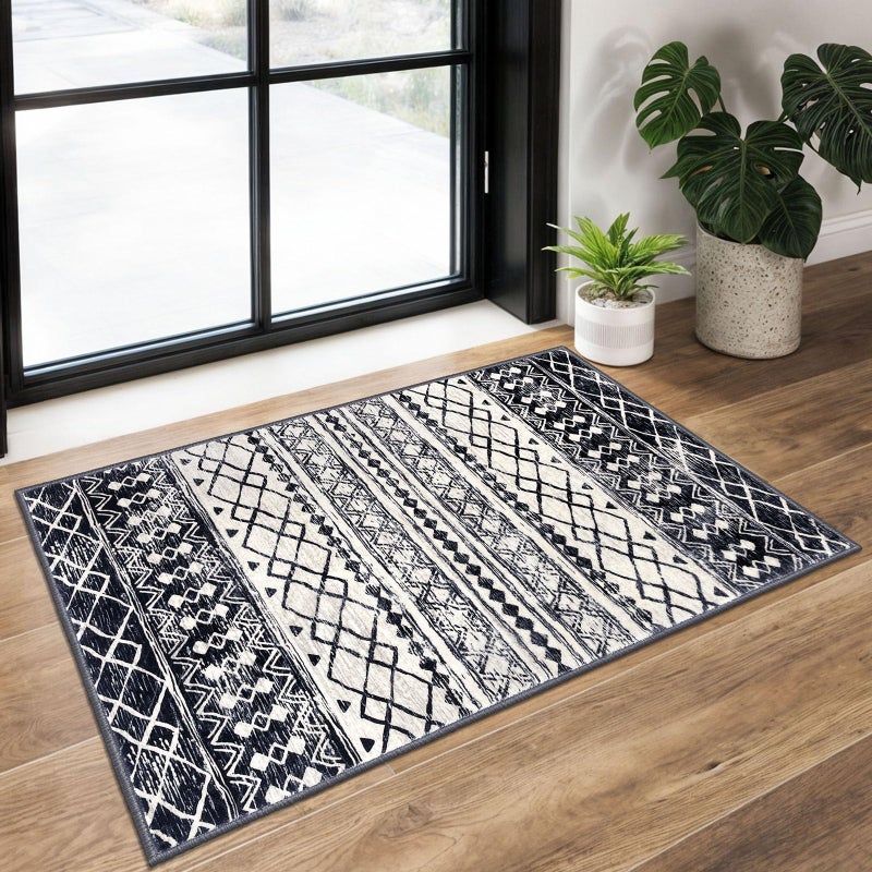 KUTA Moroccan Area Rugs 2x3, Black Navy Blue Entryway Rug Non-Slip Washable Small Indoor Door Mat, Ultra Soft Print Vintage Geometric Low-Pile Floor Carpet for Entrance, Kitchen - Image 1