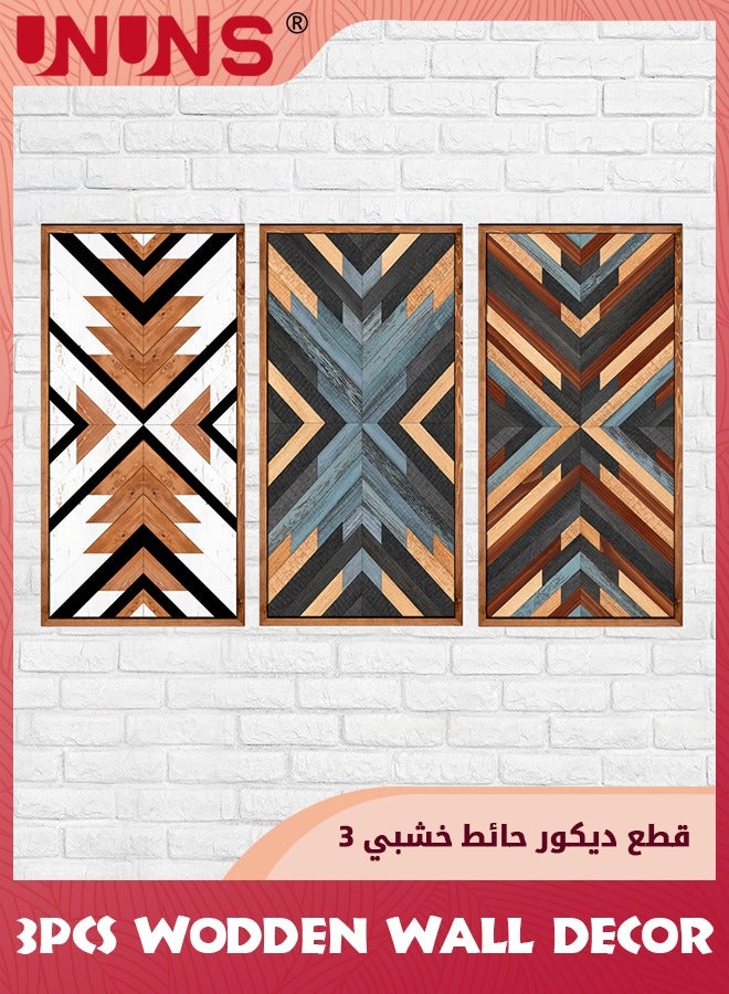 UNUNS 3 Pcs Farmhouse Wood Wall Art,Geometry Boho Framed Wall Decor,Wall Hanging Modern Abstract Art Prints Wooden Decorations For Bedroom Bathroom Apartment Farmhouse,30X15CM - Image 1