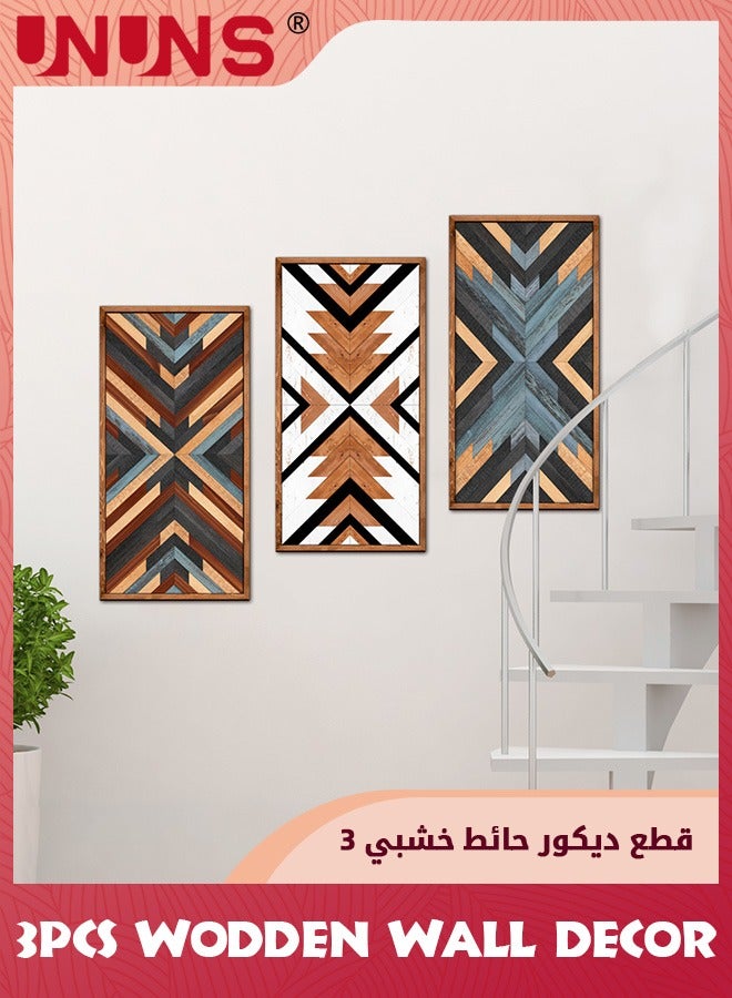 UNUNS 3 Pcs Farmhouse Wood Wall Art,Geometry Boho Framed Wall Decor,Wall Hanging Modern Abstract Art Prints Wooden Decorations For Bedroom Bathroom Apartment Farmhouse,30X15CM - Image 2
