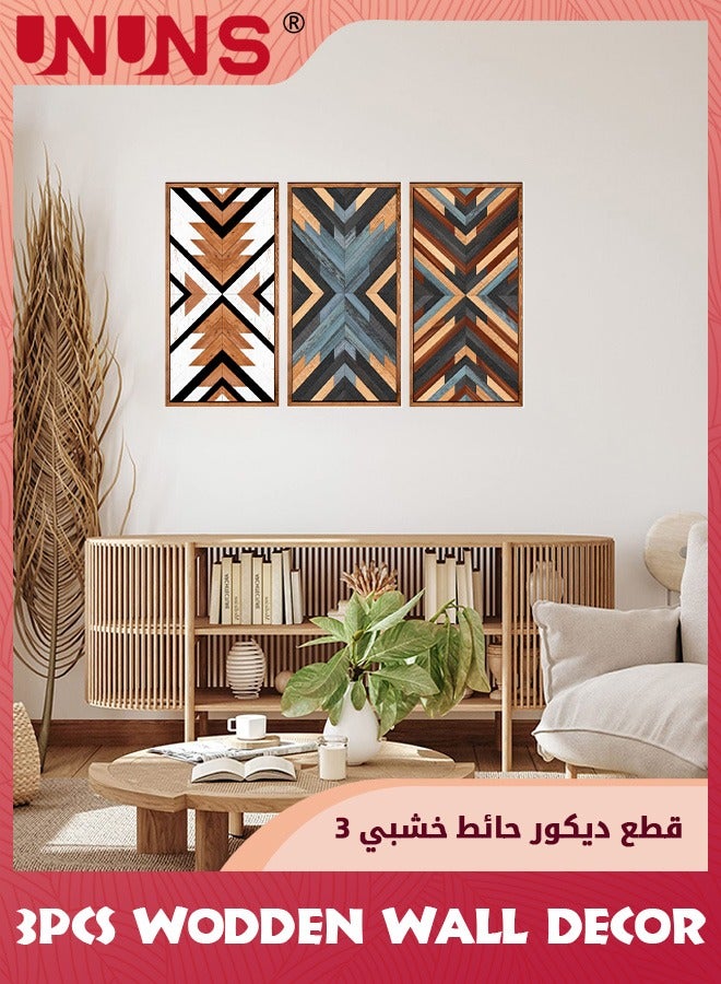 UNUNS 3 Pcs Farmhouse Wood Wall Art,Geometry Boho Framed Wall Decor,Wall Hanging Modern Abstract Art Prints Wooden Decorations For Bedroom Bathroom Apartment Farmhouse,30X15CM - Image 3