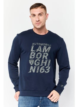 LAMBORGHINI Men Crew Neck Brand Logo Long Sleeve Sweatshirt, Navy  - Image 1