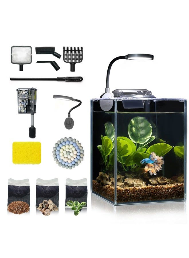 Wonderfactory Desktop Small Aquarium Set Glass Fish Tank 1.25 Gallon, Heater Water Pump Filter Bright LED Light Gravel Cleaning Tool, Starter Kit Small Space Easy Setup Space-Saving Design Betta Shrimp - Image 1